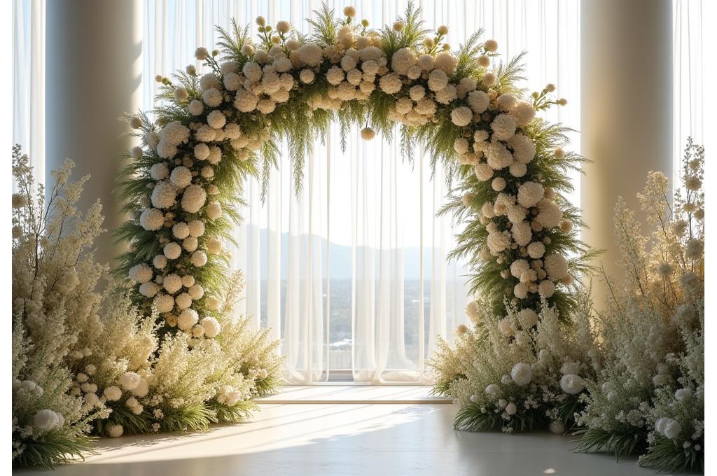 Saisonale Hochzeitsinstallation mit Alpenblumen